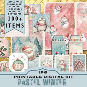 Kit digital de Navidad de invierno pastel, fabricación de tarjetas, kit de diario imprimible. Muñeco de nieve Holly. 30 páginas tamaño carta JPG. Descarga directa de 300 ppp.