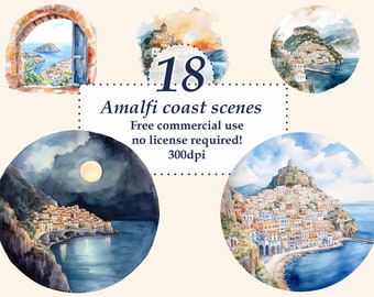 Amalfikust Clip Art. zomer Clip Art. Italië Printables voor Scrapbooking, Junk Journal Digitale aquarel. Gratis commercieel gebruik.