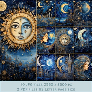 Moon and Stars Background Images. PDF files and Printable JPEG files. 300dpi. Scrapbook pages - Junk Journal pages - Cards