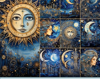 Celestial Moon & Stars Backgrounds: Junk Journal Pages (Digital Download)