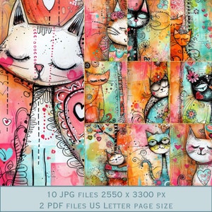 Imágenes de fondo coloridas de gatos caprichosos. Archivos PDF y archivos JPEG imprimibles. 300 ppp. Páginas de álbumes de recortes - Páginas de diario basura - Tarjetas