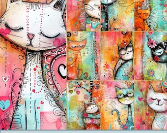 Whimsical Cats Colorful Background Images. PDF files and Printable JPEG files. 300dpi. Scrapbook pages - Junk Journal pages - Cards
