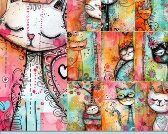 Skurril Katzen Bunte Hintergrundbilder. PDF-Dateien und druckbare JPEG-Dateien. 300dpi. Scrapbook Seiten - Junk Journal Seiten - Karten