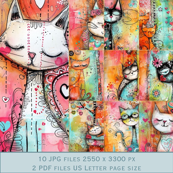 Whimsical Cats Colorful Background Images. PDF files and Printable JPEG files. 300dpi. Scrapbook pages - Junk Journal pages - Cards