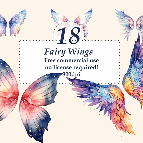 18 Fairy Wings Clip Art. Fairy Clipart, Fantasy Clipart, Watercolor png bundle, Free commercial use. Printable.  transparent background.