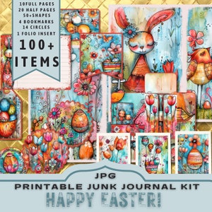 Kleurrijke Junk Journal Kit voor Pasen, grillig, eigenzinnig.  Halve pagina's, volledige pagina's, kaarten, tags, folio, plakboekvoorraad, digitale documenten. JPG-download