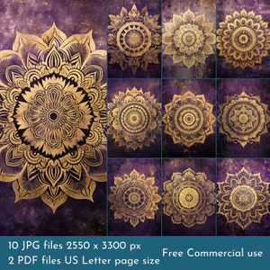 Mandala viola e oro.  File PDF e file JPEG stampabili. 300 dpi. Scaricamento digitale. Pagine di album - Pagine di diario spazzatura - Cartoline