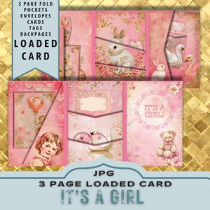 Baby Girl Newborn Baby 3 Page Loaded Card Kit, Baby Folio, Pink Card, Old Insert, Vintage Ephemera,  Project, Digital Folder, JPG Download