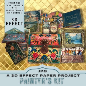 Malerset, druckbares Papier-Bastelprojekt, Journal-Folio mit 3D-Effekt, Einlage, digitaler Ordner, einzigartiges Bastelgeschenk, JPG-Download
