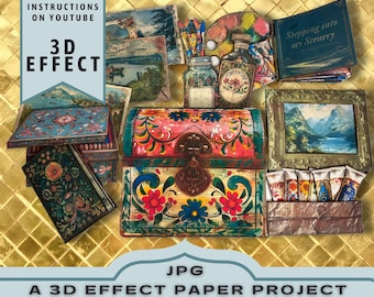 Painter&#39;s kit Printable Paper Craft Project, 3D Effect Journal Folio, Insert, Digital Folder, Unique Craft Gift, JPG Download