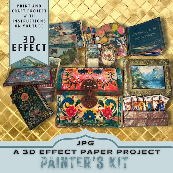 Painter's kit Printable Paper Craft Project, 3D Effect Journal Folio, Insert, Digital Folder, Unique Craft Gift, JPG Download