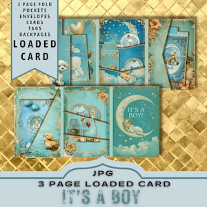 Baby Boy Newborn Baby 3 Page Loaded Card Kit, Baby Folio, Blue Card, Old Insert, Vintage Ephemera,  Project, Digital Folder, JPG Download