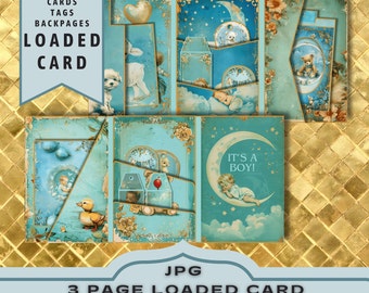 Baby Boy pasgeboren baby 3 pagina geladen kaart Kit, babyfolio, blauwe kaart, oude invoeging, vintage ephemera, project, digitale map, JPG downloaden