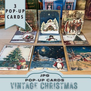 Cartes pop-up de Noël, kit de cartes pop-up imprimables de Noël vintage, journal folio, projet d'artisanat en papier, cadeau artisanal, téléchargement JPG