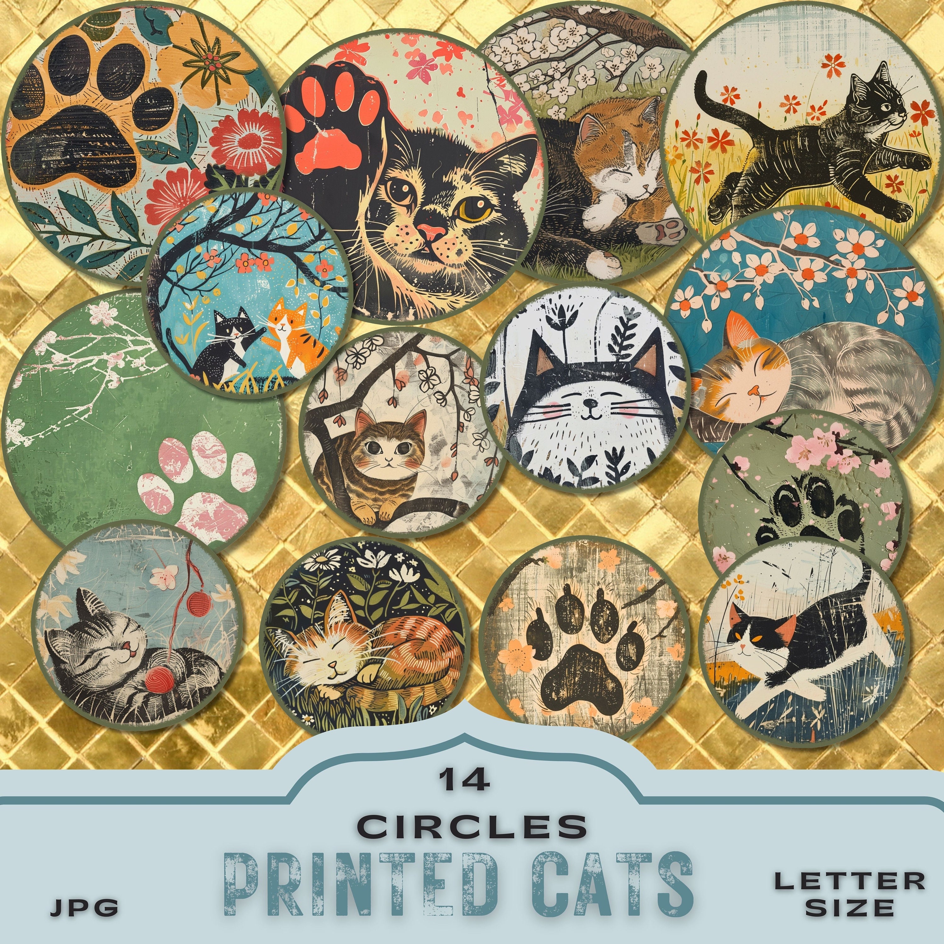 Block Printed Cats and Kittens Junk Journal Kit, Half Pages