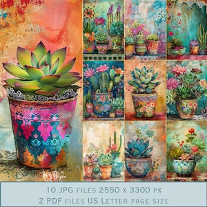 Images d'arrière-plan de plantes succulentes colorées et de cactus. Fichiers PDF et fichiers JPEG imprimables. 300 ppp. Pages de scrapbooking - Pages de journal indésirable - Cartes