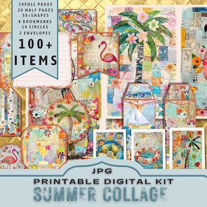 Kit digital de collage de verano, creación de tarjetas, kit de diario imprimible. Flores de palmera flamenco. 30 páginas tamaño carta JPG. Descarga directa de 300 ppp.