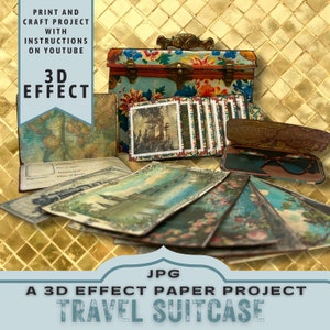 Projet interactif d'artisanat en papier pour valise de voyage, imprimable. Insertion de journal à effet 3D, chemise numérique, cadeau artisanal unique, téléchargement JPG
