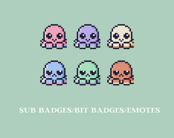 Pixel Octopus Cute Sub Badges | Pixel Sub Badges Pack 6 for Twitch | Badge For Streamers | Bit Badges/Emotes |
