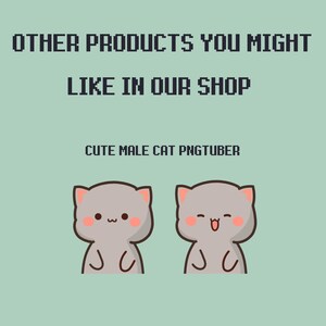 K&ouml;nnte beinhalten: Zwei Cartoon-Illustrationen einer grauen Katze mit rosa Wangen. Die Katze links hat einen neutralen Ausdruck, w&auml;hrend die Katze rechts die Zunge herausstreckt. Der Text "Cute Male Cat PNGtuber" befindet sich &uuml;ber den Katzen.