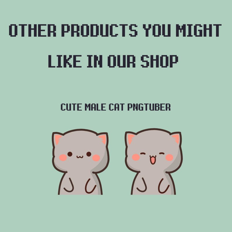 K&ouml;nnte beinhalten: Zwei Cartoon-Illustrationen einer grauen Katze mit rosa Wangen. Die Katze links hat einen neutralen Ausdruck, w&auml;hrend die Katze rechts die Zunge herausstreckt. Der Text "Cute Male Cat PNGtuber" befindet sich &uuml;ber den Katzen.