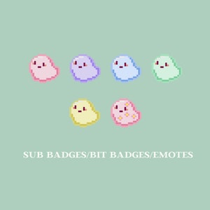 Puede incluir: Seis emoticonos o insignias de estilo pixel art en forma de mancha con una cara linda. Los colores son rosa, morado, azul, verde, amarillo y rosa con puntos blancos.