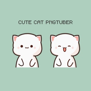 Peut inclure: Deux chats de dessin animé blancs avec des joues roses. Le chat de gauche a une expression neutre, tandis que le chat de droite a une expression joyeuse avec sa langue qui sort. Le texte "CUTE CAT PNGTUBER" est au-dessus des chats.