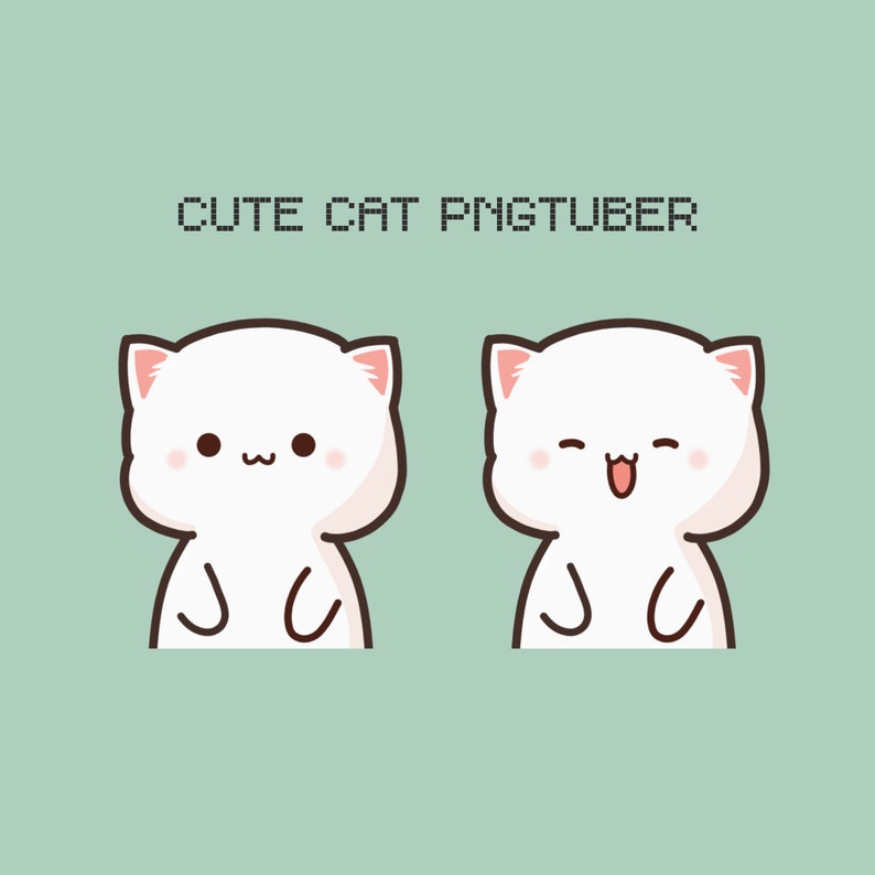 K&ouml;nnte beinhalten: Zwei wei&szlig;e Comic-Katzen mit rosa Wangen. Die Katze links hat einen neutralen Ausdruck, w&auml;hrend die Katze rechts einen fr&ouml;hlichen Ausdruck mit herausgestreckter Zunge hat. Der Text "CUTE CAT PNGTUBER" befindet sich &uuml;ber den Katzen.
