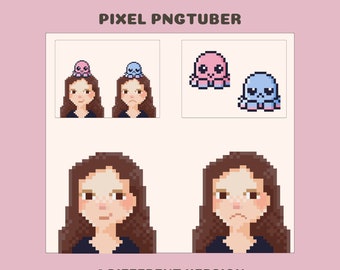Pixel süßes Mädchen PNGTuber mit zwei Ausdrücken und süßen Oktopussen | Bereit zur Nutzung und Download für OBS Streamlabs Twitch Streamer