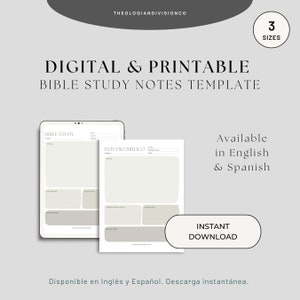May include: Digital and printable Bible study notes template in English and Spanish. The template features two pages, one titled "Bible Study" and the other titled "Estudio Biblico". Both pages have sections for notes, key verses, questions, and application.