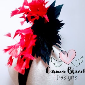 Tocado Rojo y Negro Boda | Diadema Plumas Sofisticadas | Accesorio Pelo Invitada Elegante Fiesta