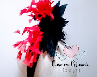 Declaración diadema de plumas negras rojas - accesorio fascinador de boda, diadema de plumas, fascinador de boda negro rojo, accesorio de plumas rojas,