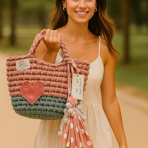 Bolso de Trapillo Rosa Palo y Verde Agua, draagtas Crochet Artesanal, Bolso de Mano Pastel Romántico, Regalo Mujer, boho chic tas