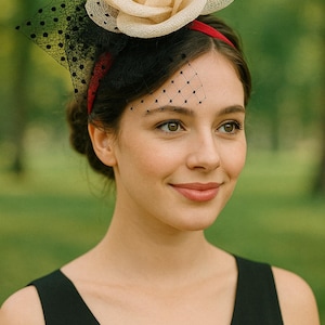 Diadema Tocado de Boda | Accesorio Elegante para Invitada, Fiesta, Ceremonia | Sinamay y Tul Hecho a Mano | Colores: Rojo, Blanco, Negro