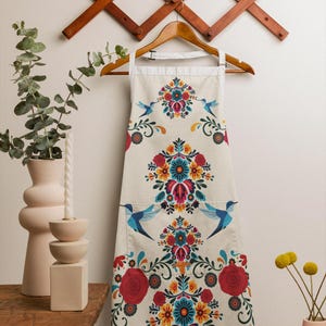 Verstelbaar schort, op Mexicaans textiel geïnspireerd, rozen en kolibries