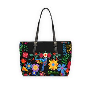 Bright Mexican Textile Inspired Shoulder Bag, Black, Colorful, Hummingbird