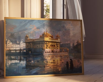 May include: A framed painting of a golden temple reflected in a still body of water. The temple is surrounded by buildings and trees. Two figures are silhouetted in the foreground.