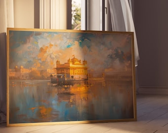 Op de afbeelding: Een ingelijst schilderij van een gouden tempel die wordt weerspiegeld in een stil waterlichaam. De tempel is omgeven door bomen en de lucht is een mix van blauwe en witte wolken.