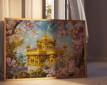 May include: A painting of a golden temple with a dome and intricate details, surrounded by blooming pink cherry blossoms. The temple is set against a blue sky with white clouds.