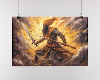 The Sword Unleashed: A Sikh Warrior&#39;s Indomitable Strength  Religious Art | Sikh Art | Sikh Gifts | Sikh Wall Art Unframed Poster