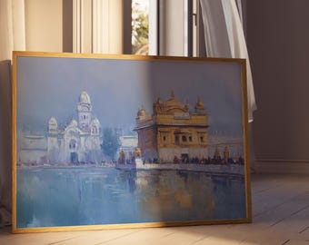 May include: A framed art print depicting a serene waterscape with two ornate buildings. The buildings feature domes and intricate architectural details, rendered in shades of gold, white, and blue. The artwork is displayed on a wooden floor.