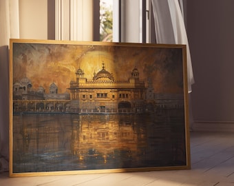 May include: A framed painting depicts the Golden Temple, a Sikh gurdwara, with a golden dome and intricate architecture. The artwork reflects the temple in the water below, with warm, golden hues dominating the scene. The frame is a light brown color.