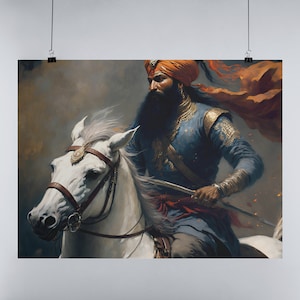 Sikh Poster - A Moment of Valor: An Oil Painting of a Sikh Warrior - Poster Print  Wall Decor | Oil Painting | Print on Demand