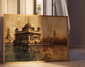 May include: A framed painting of a golden temple with a large dome and intricate details, reflected in a body of water. The painting has a vintage, watercolor-like style with a warm, sepia tone.