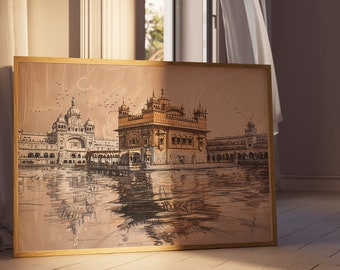 Op de afbeelding: Een ingelijst schilderij van de Gouden Tempel in Amritsar, India. De tempel is een Sikh-gebedsplaats en staat bekend om zijn gouden koepel en ingewikkelde architectuur. Het schilderij is gemaakt in aquarelstijl en toont de tempel omringd door water.