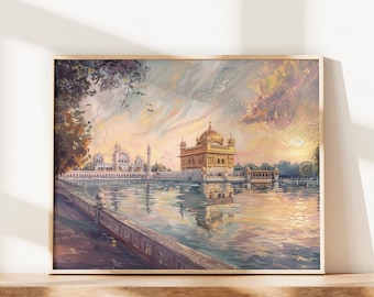 Op de afbeelding: Een schilderij van een gouden tempel die wordt weerspiegeld in een stil waterlichaam. De tempel is omgeven door bomen en een bewolkte lucht. Het schilderij is ingelijst in een licht houten lijst.