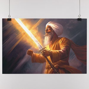 Sword of Light: A Sikh Warrior&#39;s Majestic Triumph  Religious Art | Sikh Art | Sikh Gifts | Sikh Wall Art Unframed Poster