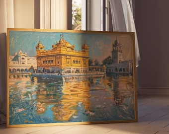 May include: A framed painting of a golden temple reflected in a still body of water. The temple has a large dome and intricate details. The painting is set against a blue sky with white clouds.