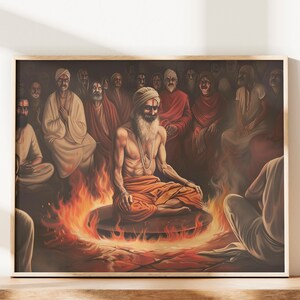 Könnte beinhalten: Ein Gemälde, das eine Gruppe von Menschen zeigt, die um ein Feuer sitzen. Die zentrale Figur ist ein Mann mit langem weißem Bart, der eine orangefarbene Robe trägt und in meditativer Haltung sitzt. Die anderen Figuren sind in verschiedenen Brauntönen und Weiß gekleidet.