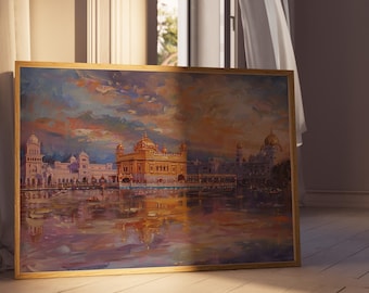 Op de afbeelding: Een schilderij van een gouden tempel met een reflectie in het water. De tempel wordt omringd door andere gebouwen en bomen. De lucht is een levendig blauw met roze en oranje wolken.